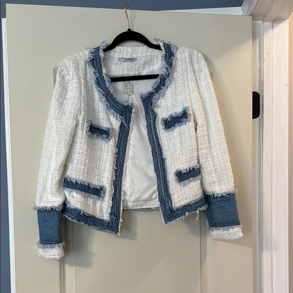 White and Blue Tweed Blazer with Navy Trim